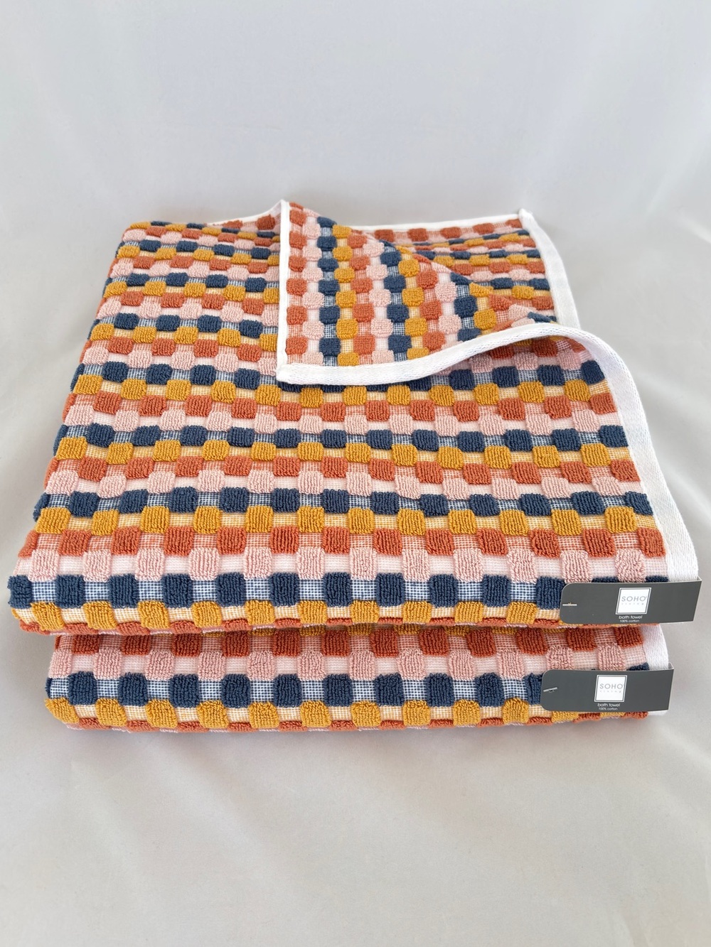 NWT 2 Pc Soho Living Towel Set Retro Checkerboard Fall Bath Towels 100% Cotton